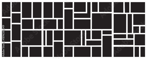 Abstract arrangement of various sized black rectangular and square shapes on a transparent grid background.