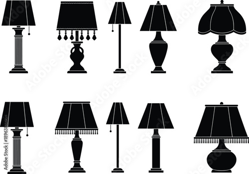 Vintage table and floor lamp silhouettes collection, classic decorative lighting fixtures with fabric shades isolated vector illustration set