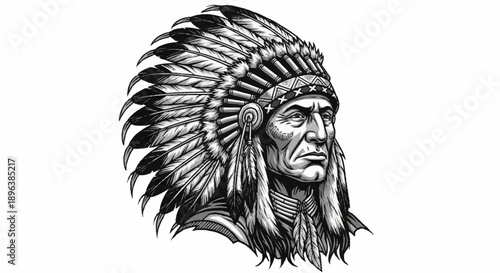 Native American Chief Wearing Feather Headdress Portrait.