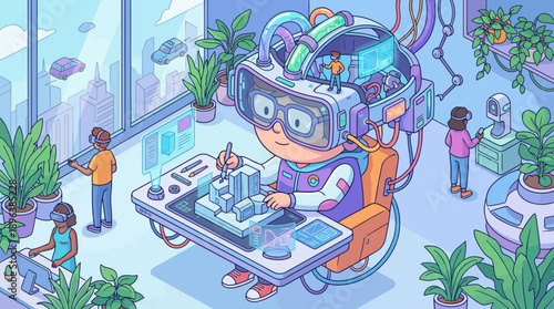 Architect wears futuristic VR gear designing a city model on a holographic desk, concept for virtual reality technology, future city planning and immersive digital workflow