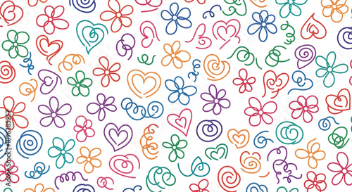 Colorful doodle hearts and flowers create a cheerful seamless pattern background