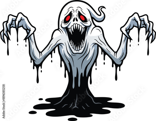 Terrifying dripping ghost monster with red eyes screaming mouth spooky horror illustration evil spirit isolated on white background