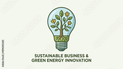 Detailed vector illustration of a light bulb containing a plant with roots and yellow flowers, symbolizing green innovation, concept for eco sustainability, renewable power and business strategy