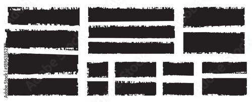 Various black grunge labels and rectangular boxes with distressed edges on transparent backdrop