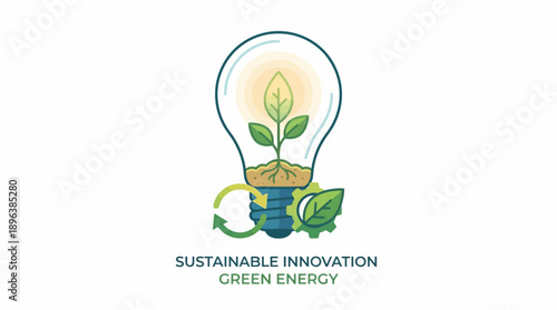 Eco innovation graphic shows seedling growing inside lightbulb with recycling arrows and gear on white, concept for green energy promotion, sustainable business strategy and technological conservation