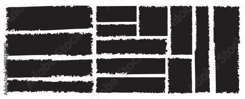 Grunge ink brush set for creative layouts. Various shapes of hand drawn black charcoal stains with rough textured edges.
