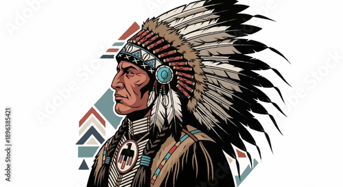 Native American Chief Wearing Traditional Headdress Profile.