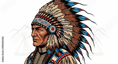 Native American man wearing a traditional headdress with feathers.