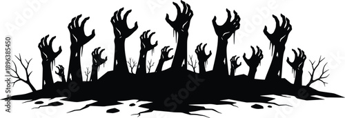 Zombie hands rising from ground dark horror silhouette illustration spooky undead concept isolated on white background vector art