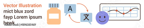 Healthcare, wellness, language services, translation technology, emotional well-being, communication tools. Medical bottle, language exchange icons happy and a graph. Healthcare and wellness