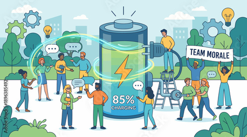 Diverse business colleagues collaborate to charge a large battery symbolizing team morale, energy and collective effort, concept for HR management, corporate strategy and employee engagement training