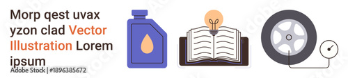 Automobile care, education, technology, innovation, maintenance, knowledge. Three icons engine oil bottle, open book with light bulb tire and pressure gauge. Automobile maintenance and education