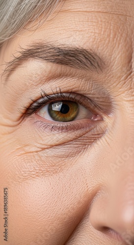 Close up of smiling eyes of senior woman with crow's feet and grey eyebrows