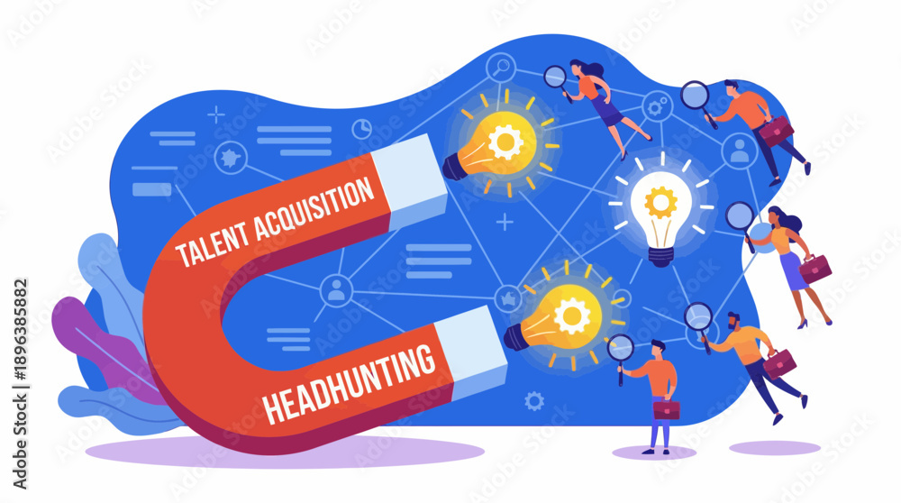Fototapeta premium Huge magnet attracting HR professionals searching for innovative talent light bulbs on blue network background, concept for recruitment process, employment strategy and corporate development