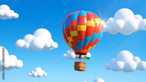 Colorful hot air balloon floating above clouds against a bright blue sky