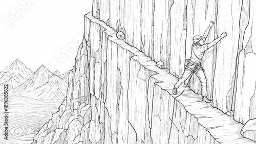 Person climbing a narrow mountain ridge with arms outstretched.