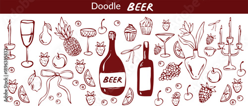 bar menu elements doodle hand drawn icon set alcoholic-bottles glasses outline drawing alcohol cockt