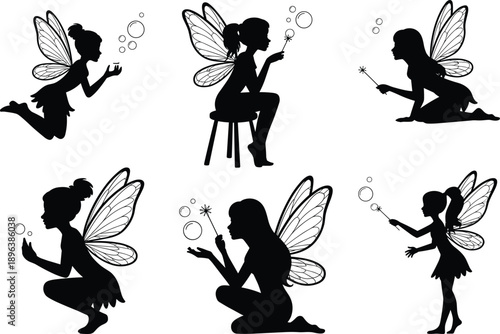 Fairy silhouette vector illustration, magical fantasy characters with wings, enchanted poses design, mystical wand icons, whimsical art template for children stories and imagination