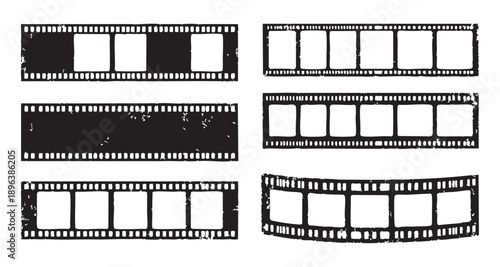 Film strips grunge photo frames, cinema camera movie tape with scratches and damaged textures