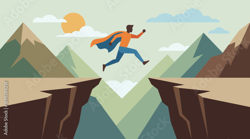 Business leader in a cape jumps a canyon gap amidst mountains, representing courage and risk, concept for career development, executive coaching and financial growth planning