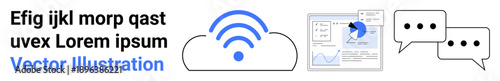 Cloud computing, data analysis, wireless signals, communication, digital networks, tech solutions. Wireless signal over cloud, analytics dashboard chat bubbles. Cloud computing and data analysis