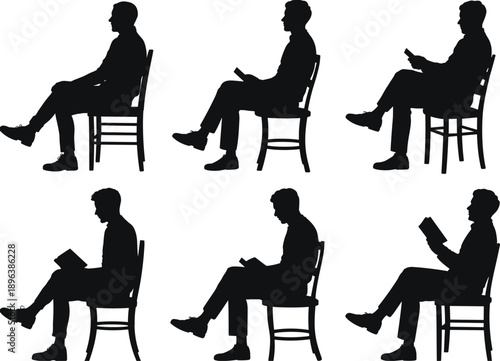 Reading posture silhouette set, black vector illustration of seated figures with books, educational and ergonomic design for learning, study, and behavior themes