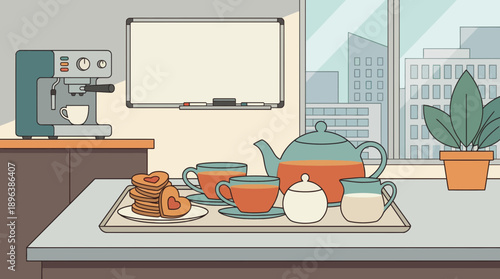 Vector illustration of office break room table with tea set, cookies, coffee machine and blank whiteboard, concept for business refreshment, employee benefits and office interior design
