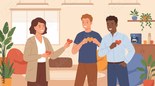 Friendly female HR manager sharing heart symbols with diverse male colleagues in the casual office setting, concept for employee recognition programs, workplace wellness campaigns and team building