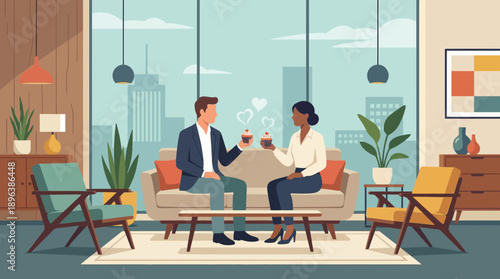 Diverse professionals share cupcakes in a stylish modern lounge overlooking a cityscape, concept for dating apps, executive relationship building and corporate workplace romance