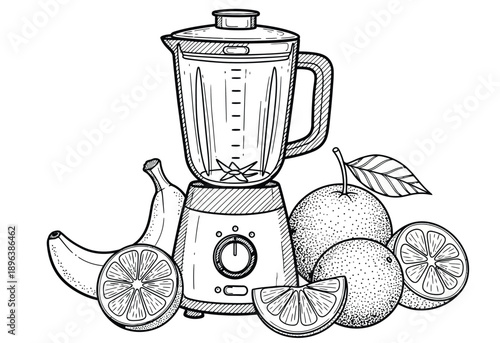 Illustration of a blender surrounded by fruits, including bananas, oranges, and sliced lemons. The sketch conveys a fresh and healthy vibe.