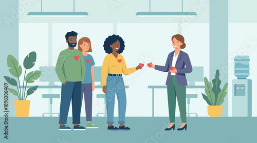 Diverse corporate employees exchanging heart symbols with a manager in a modern office interior, illustrating volunteerism, concept for charitable donations, company values and employee engagement