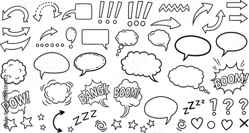 Comic speech bubble set with chat message dialogue explosion and cartoon text symbols in outline vector style