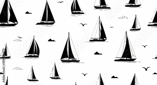 Seamless pattern of black sailboats on white background with birds.
