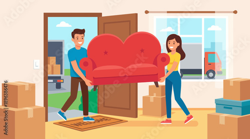 Happy couple moves red sofa into new house entrance surrounded by stacked moving boxes, concept for relocation services, home interior design and logistics company promotion