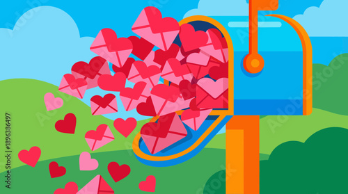 Vibrant flat vector illustration of a blue mailbox overflowing with heart envelopes against a landscape, concept for email marketing, Valentine promotions and romantic greeting cards