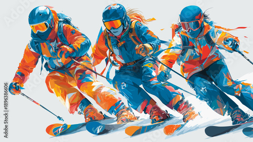 Alpine skiing graphic art effect poster. Alpine skiing dynamic multicolor graphic wallpaper or banner