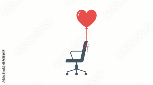 Minimalist flat illustration of a gray office swivel chair tied to a floating red heart balloon on white, concept for career freedom, employee engagement and work-life balance