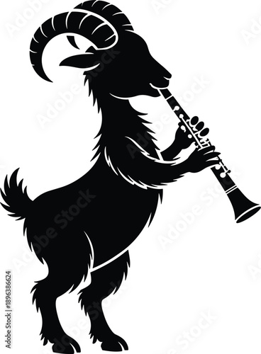 Silhouette of goat playing clarinet representing music folklore creativity fantasy art humor cultural performance illustration