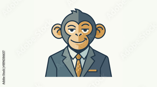 Flat vector illustration of a grinning monkey mascot wearing a business suit and tie, concept for professional services, corporate identity and investment banking