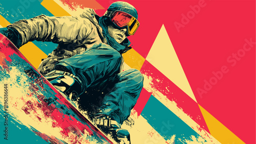 Snowboarding graphic art effect poster. Snowboarding dynamic multicolor graphic wallpaper or banner