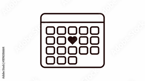 Simple black and white line art calendar icon showing days with a heart shape marking an important specific date or anniversary, concept for dating apps, wedding planning and special event reminders
