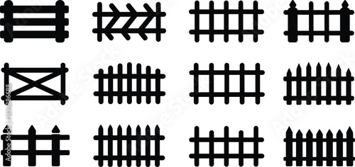 Set of twelve wooden fence silhouette icons collection, garden barrier vector illustration isolated on white background for farm and yard design.