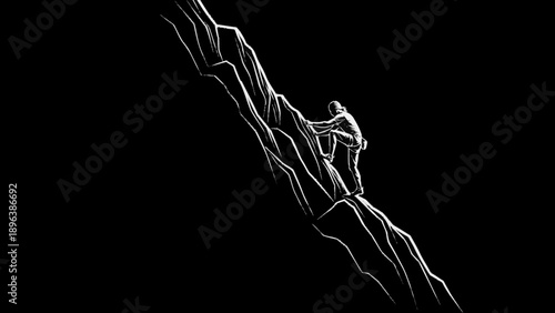 Silhouette of a climber ascending a steep rocky mountain face.