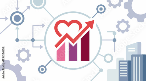 Abstract growth chart with heart symbol surrounded by technology flow, gears and city buildings, concept for business performance, customer loyalty and digital transformation