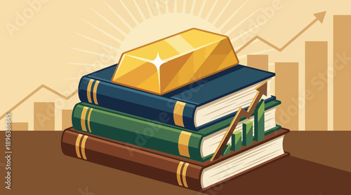 Gold bar resting on stacked books against a rising financial growth chart background, concept for financial literacy, investment planning and wealth accumulation strategies