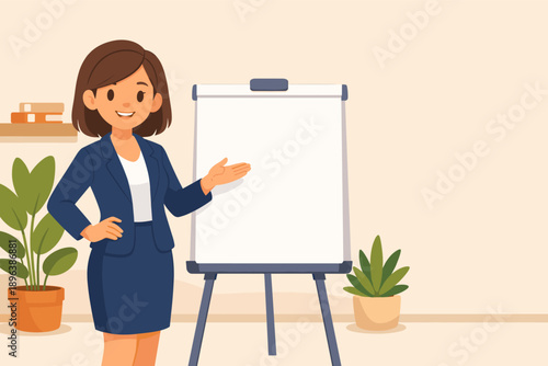 Young caucasian female professional presenting with blank flip chart in office setting