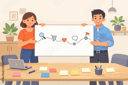 Smiling caucasian young adults presenting creative business strategy on whiteboard