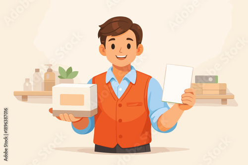 Smiling caucasian male shopkeeper presenting product and blank card in store