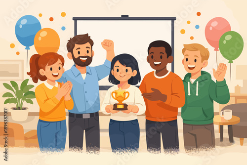 Diverse group celebrating achievement with trophy and balloons indoors