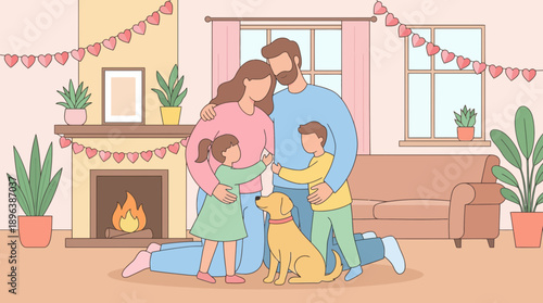 Loving family embracing with their dog in a cozy living room decorated with heart garlands and a fireplace, concept for relationship stability, parenting tips and holiday cards